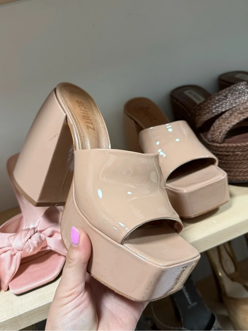 SCHUTZ Blush Patent Platform Slide Sandals